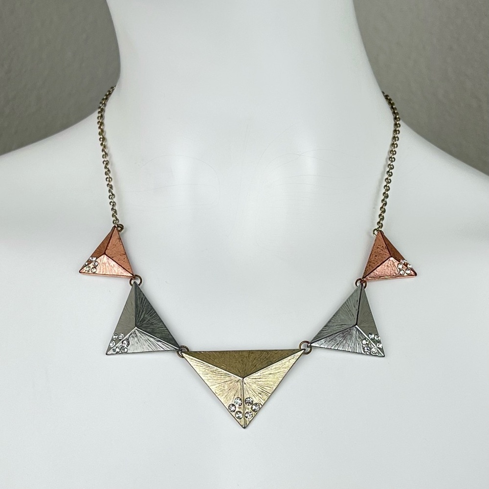 ❤️ Tri-tone Pyramid Statement Necklace Mixed Metals Punk Rock Boho Glam Art Deco - Picture 3 of 7
